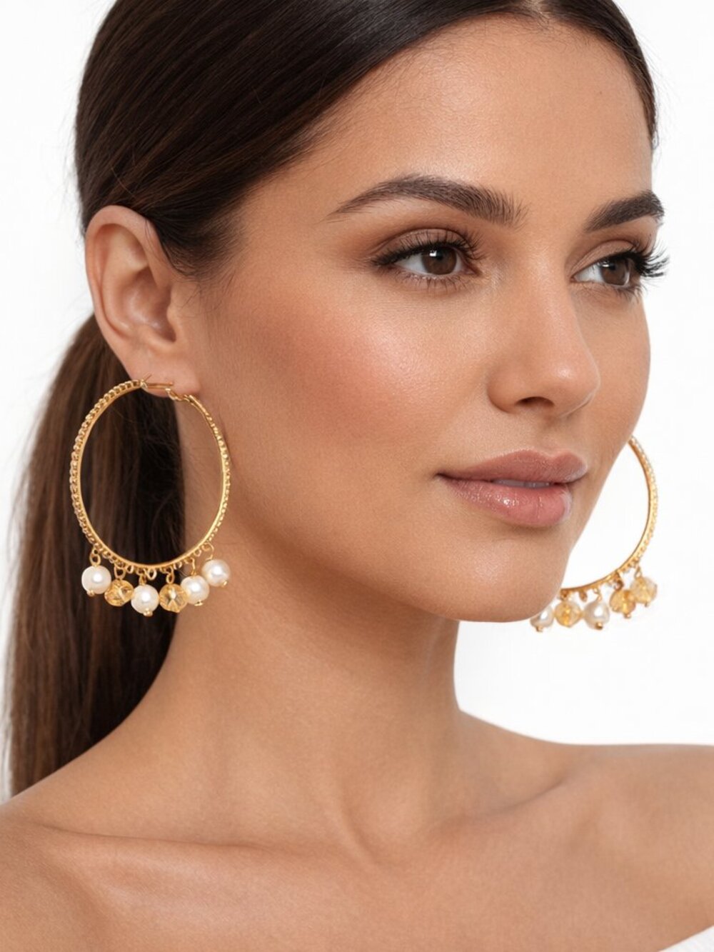 Yue Xin Goldtone Hoop Earrings  Faux Gemstones for Pierced Ears New